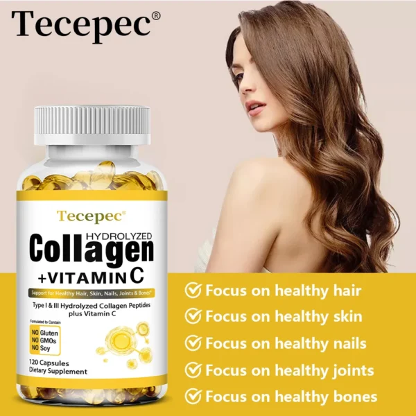 Hydrolyzed Collagen Peptides Capsules - with Vitamin C - Support for Healthy Hair, Skin, Nails, Joints & Bones,Antioxidants - Image 5