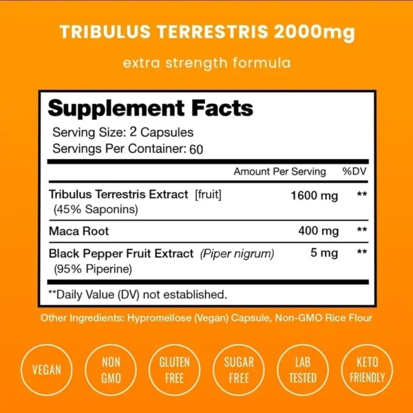 Organic Tribulus Terrestris Supplement 2000 Mg - with Maca and Black Pepper Extracts, Dietary CapsulesCapsules - Image 3