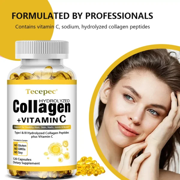 Hydrolyzed Collagen Peptides Capsules - with Vitamin C - Support for Healthy Hair, Skin, Nails, Joints & Bones,Antioxidants - Image 4