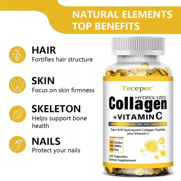 Hydrolyzed Collagen Peptides Capsules - with Vitamin C - Support for Healthy Hair, Skin, Nails, Joints & Bones,Antioxidants - Image 2