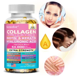 Kenofor Collagen 1000mg with Biotin 10,000mcg, Keratin Hyaluronic Acid Vitamin C Healthy Formula Dietary Supplement Gluten Free