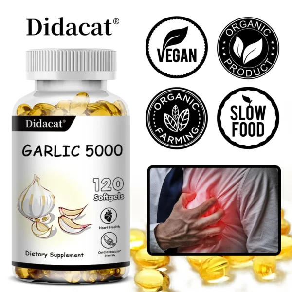 Organic Garlic Softgels 5000mg, Dietary Supplements for Heart Health & Immune System Support, 30/60/120 Vegan Capusles
